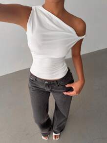 Women Solid Color Pleated Asymmetric Collar Slim Fit Casual Blouse - White - View 6