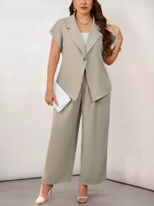Firerie Große Größen Frühling/Sommer bequemer, legerer, eleganter Büro-/Pendler-Modernejacke mit Metallknöpfen mit Kurzarm und gerades Bein Anzug Hosen Set