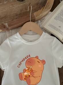 SHEIN Baby Girl Casual Minimalist Cartoon Graphic Short Sleeve Crew Neck Top, Suitable For Summer - White - View 6