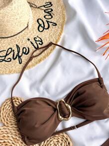 SHEIN Conjunto de Maiô Bikini de Cor Sólida sem Alças, Amarração com Joia Metálica para Adolescentes, Verão, Conjunto de Roupa de Banho / Conjunto de Roupa de Praia para Meninas / Roupa de Banho em Duas Peças / Conjunto de Maiô Bikini para Adolescentes
