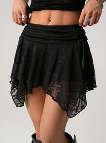 SHEIN ICON Sexy Low Waist Ruched Lace Uneven Hem Skirt Goth Goth - Black - View 4