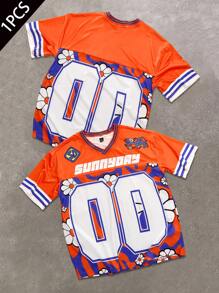 PAVTROS Manfinity Streetrush 男士落肩 V 领撞色图案印花短袖篮球球衣款式 T 恤 男士简约英文文字图案印花 T 恤，图案男士 T 恤，超大 T 恤，男友礼物 街头服饰衬衫 街头服饰男士衬衫 男士衬衫 街头服饰 - 橘色 - 查看 7