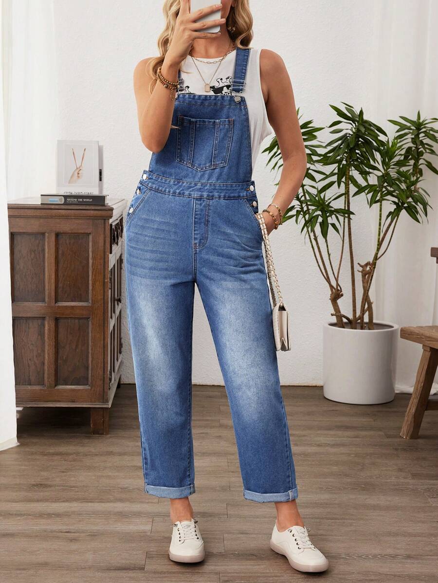 EMERY ROSE Women's Casual Blue Denim Capri Overalls: Sleeveless Strap Neckline With Pockets - Blue - View 1