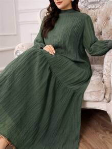 Veilorie Plus Size Casual Solid Color Textured Dress - Green - View 7