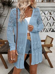SHEIN LUNE Women's Solid Color Hollow Out Casual Knitted Cardigan Fall Winter Cloth For Women