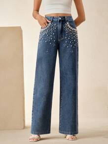 Anewsta 女士休闲节日假期优雅缀饰宽松阔腿牛仔裤