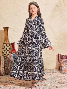 SHEIN Tween 女童复古印花长袖 A 字形宽松度假连衣裙 - 藏蓝色 - 查看 4