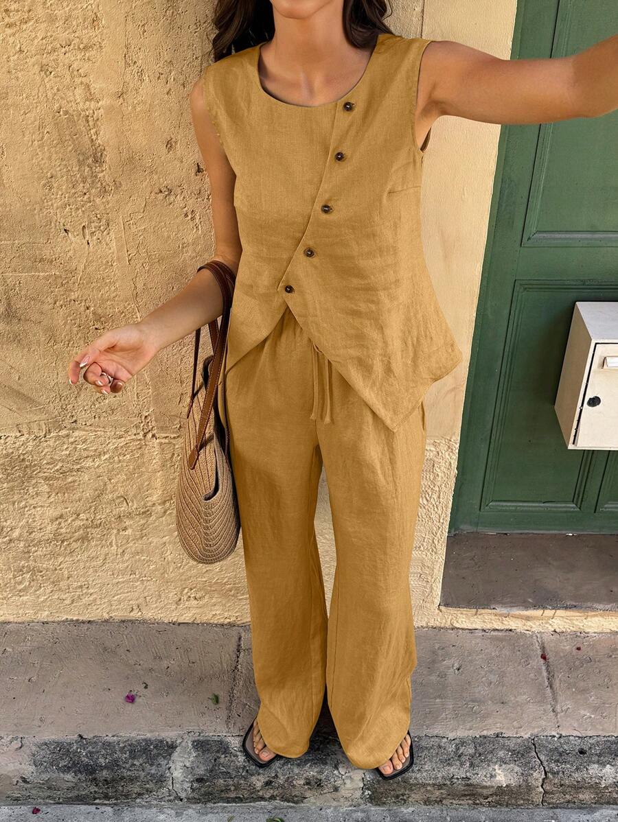 Selianne 2pcs Set Women Holiday Style Solid Color Single-Breasted Vest And Pants - Yellow - View 1