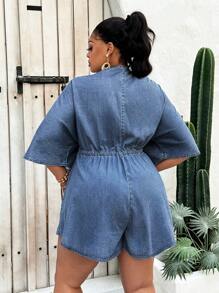 SHEIN Lady Bộ đồ liền thân denim cỡ lớn, bộ đồ liền thân bó sát tay 3/4 mặc khi đi nghỉ, màu xanh lam - Rửa tối - Xem 2