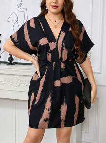 SHEIN Clasi Plus Size Summer Casual Color-Block Printed Batwing Sleeve Cinching Waist Dress - Black - View 3