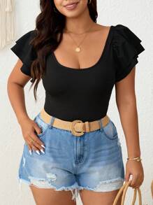 SHEIN Frenchy Mono de una pieza de mujer de talla grande, de unicolor, con cuello redondo y mangas con volantes, informal