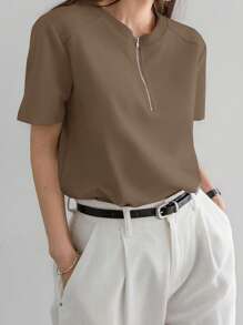 Dazy-Less 女士休闲纯色商务短袖T恤，半拉链设计，商务休闲女装，教师款 - 卡其色 - 查看 4