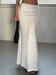 DAZY 女士低腰蕾丝边鱼尾裙 秋季半身裙 - 白色 - 查看 1