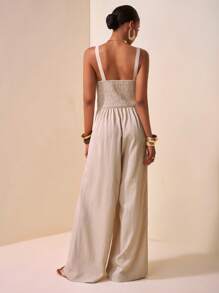 Zivah 2025新款春夏休闲度假扭纹吊带镂空后背纹理面料女长款阔腿裤卡其色婚礼季音乐节派对街头沙滩海边度假波西米亚风-A - 卡其色 - 查看 2