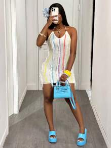 Slaydiva Nouvelle arrivée été 2025, Robe tricotée polyvalente à volants, perles, rayures de couleur, nœud au cou, dos nu sexy pour femmes, idéale pour festival de musique, Pâques, style western, nomade, Saint-Patrick, anniversaire, remise des diplômes, étudiant, usage quotidien décontracté, loisirs, croisière, plage, bronzage