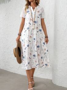 EMERY ROSE Short-Sleeved Romantic Hollow Neckline Embroidery Patchwork Floral Print Bohemian Style Plus Size Dress Suitable For Spring And Summer Music Festivals Gifts For Mother Vacay Vibes Springbreak Casual Wear SS Bohemia Tunic