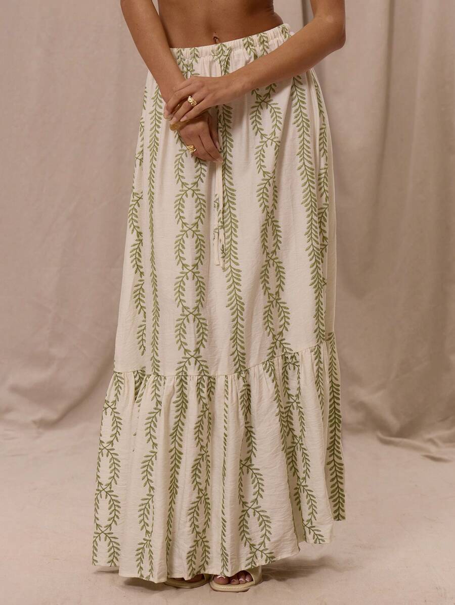 MUSERA Drawstring Front Low Rise Patterned Floaty Maxi Skirt Only Summer Vacation Holiday Elegant Beachwear Boho Romantic Ibiza Mineral Party - Multicolor - View 1