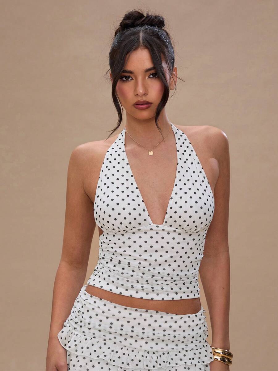 SHEIN BAE Women's Polka Dot Print Plunging Neck Backless Tank Top,Rave Top