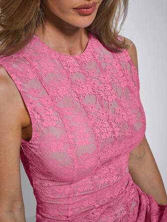 COSMINA Abito midi elegante senza maniche in pizzo blu, adatto per primavera/estate