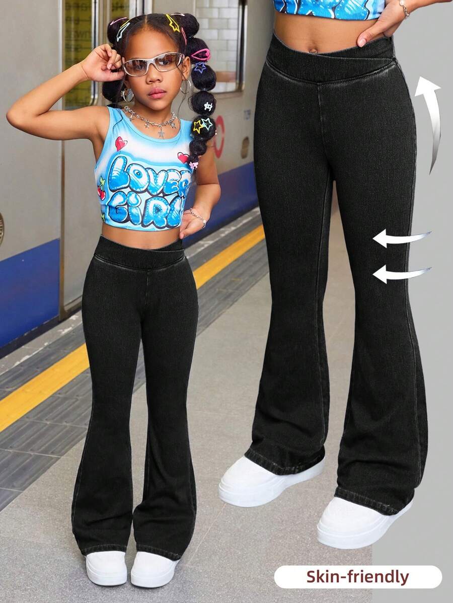 SHEIN Tween Girl Fashion Casual Black Denim Daily Exercise Basics Stretch Slim Flared Jeans For Girls Soft Dailywear And The Four Seasonsr Tween Girl Clothes - Black - View 1