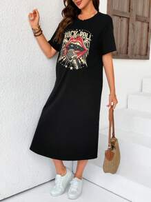 SHEIN Maternity Letter & Lip Print Round Neck Short Sleeve Casual T-Shirt Dress - Black - View 4