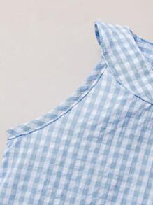 SHEIN Playful Pals Bộ 2 món áo và quần short thêu hoa và kẻ caro đáng yêu cho bé gái, thích hợp cho kỳ nghỉ hè, đi biển và hoạt động ngoài trời. - Màu xanh lam - Xem 5