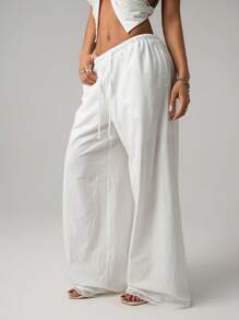 SHEIN ICON White Linen Drawstring Low Waist Contrast Lace Trim Wide Leg Maxi Pants - White - View 4