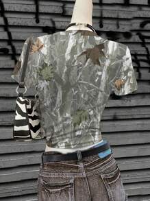 Attitoon Camiseta de cuello redondo de manga corta con ajuste ceñido, estampado de camuflaje con hojas en estilo vintage, para mujer, estilo callejero de verano