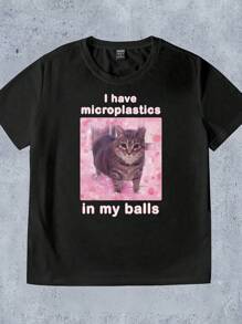 INAWLY Women's Loose Casual Short Sleeve T-Shirt With Funny Cat & Letter Print - Black - View 3