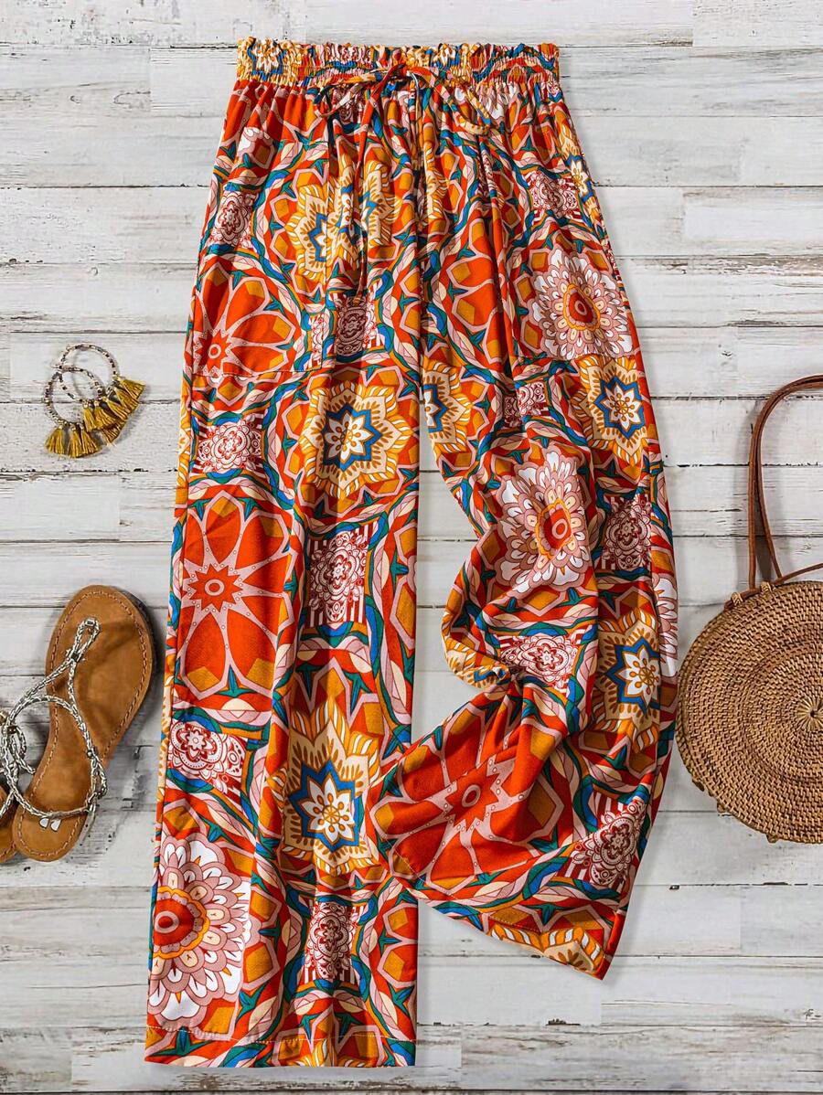 SHEIN LUNE 加大码女式花卉印花腰带阔腿休闲裤母亲节夏季波西米亚风简约时尚度假休闲 - 彩色 - 查看 1