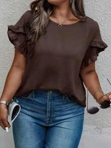 SHEIN Clasi Camicetta casual con volant sulle maniche, di colore solido, per donne taglie forti, estiva