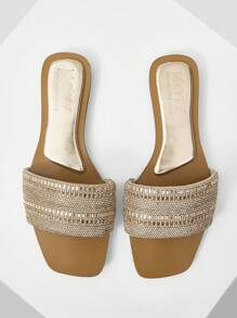 MOTF PREMIUM TWO-TONE SQUARE TOE FLAT SANDALS FOR CHRISTMAS - Champagne - View 2