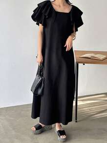 Women's Long Black Dress, Formal Guest Dress For Wedding, Vacation Attire For Women,Ruffle - Black - View 5
