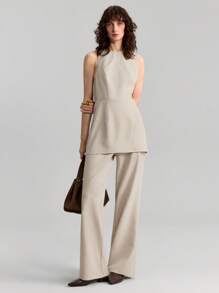 Ontre Set da 2 pezzi casual da donna stile urban, in colore cachi, smanicato con collo tondo, pantaloni, adatto per la Primavera/Estate, nuovo stile per festival musicali e lauree del 2025