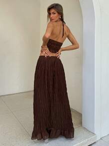 Aloruh Sexy Solid Color Backless Halter Crop Top + Ultra Long Skirt, Summer Set, Fairycore - Brown - View 2