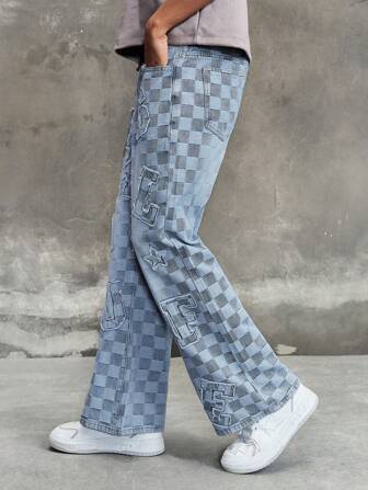 Street Life Men's Straight Fit Washed Bell-Bottom Jeans With Embroidered Patches, Casual Versatile Wide-Leg Pants