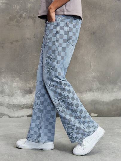 Street Life Jeans évasés à la jambe droite lavés pour hommes avec patchs brodés, pantalon large décontracté polyvalent