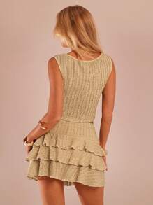 SHEIN Forever 21 女士纯色无袖针织背心和迷你裙套装，简约时尚 - 杏色 - 查看 2