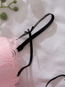 3/4 Cup Push-Up Underwire Lingerie Bra, Sweet, Cute, Romantic, Contrast Color, Heart-Shaped Lace, Bowknot, Ribbon, Sexy Ladies Underwear, Black/Pink, Kawaii