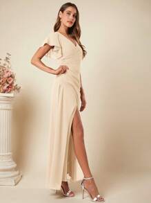 SHEIN Belle Elegant Solid Color Wrap-Around High Slit Long Bridesmaid Dress - Apricot - View 4