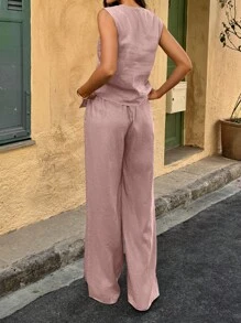 Selianne 2pcs Women Vacation Style Solid Color Single-Breasted Vest And Pants Set - Dusty Pink - View 2