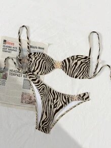 Springbreak Women's Black & White Zebra Stripe, Starfish & Metal Decor Halter Sexy Bikini Set, Spring/Summer