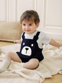 SHEIN Tutina casual sportiva e carina per bambini e bambine, in maglia larga a righe e patchwork, adatta per primavera ed estate, da indossare dentro e fuori casa