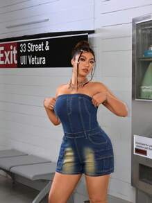 SHEIN ICON Plus Size Women Casual Fashionable Washed Elastic Distressed Denim Romper - Dark Wash - View 4