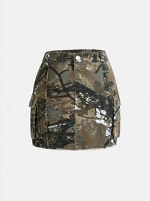 Fashionable Distressed Camouflage Print Soft Denim Mini Skirt, Slim Fit, Versatile For Teens