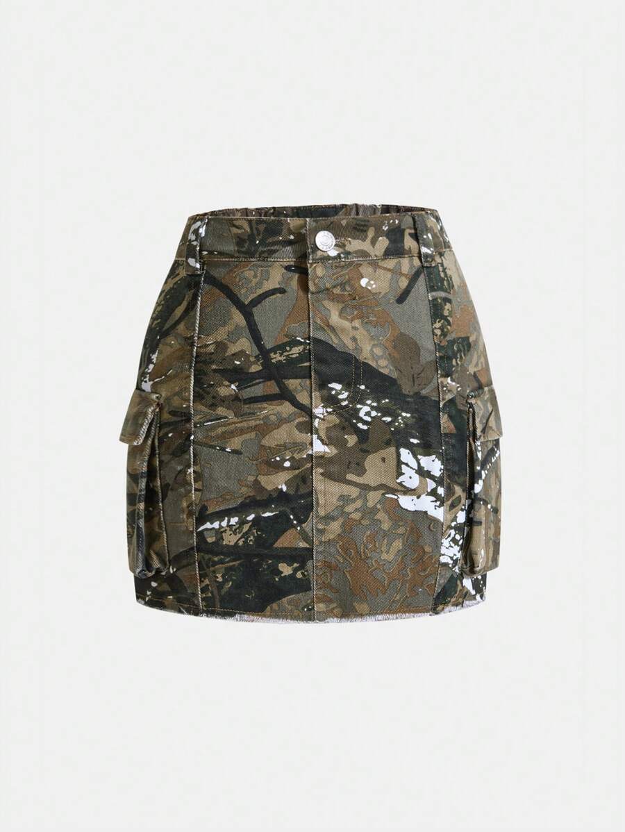 Fashionable Distressed Camouflage Print Soft Denim Mini Skirt, Slim Fit, Versatile For Teens