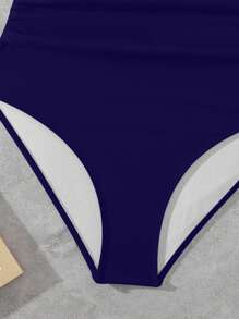 SHEIN Swim 女士纯色露背吊带连体泳衣，适合海滩/度假 - 藏蓝色 - 查看 5