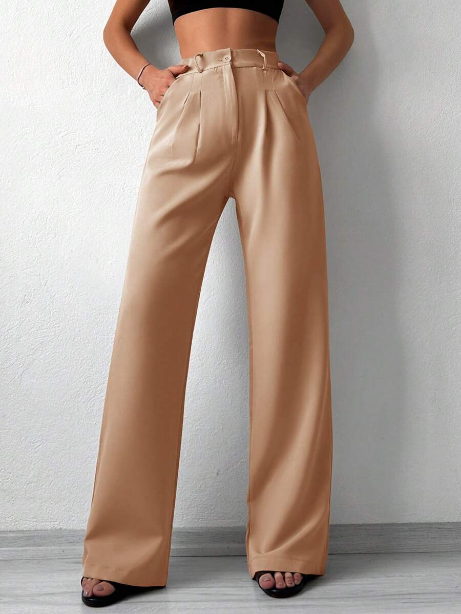EURMUSE Solid Slant Pocket Wide Leg Suit Trousers - Apricot - View 1