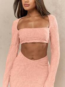 MISSGUIDED Textured Stretchy Cut Out Long Sleeve Mini Party Dress With High Square Neckline And Ruched Details Perfect For Club Night Date Night Spring Summer Fashion - Baby Pink - View 3