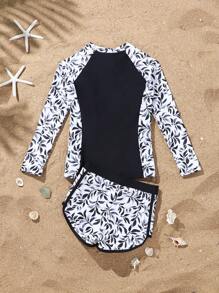 Tween Girls TankinisGirls' Large Camisole Vest Bikini Two Pieces Set With Black Leaf Pattern Front Zipper Long Sleeved Shorts Solid Color Belt Splicing Pattern Set Suitable For Beach Parties, Swimming And Leisure - Multicolor - View 2